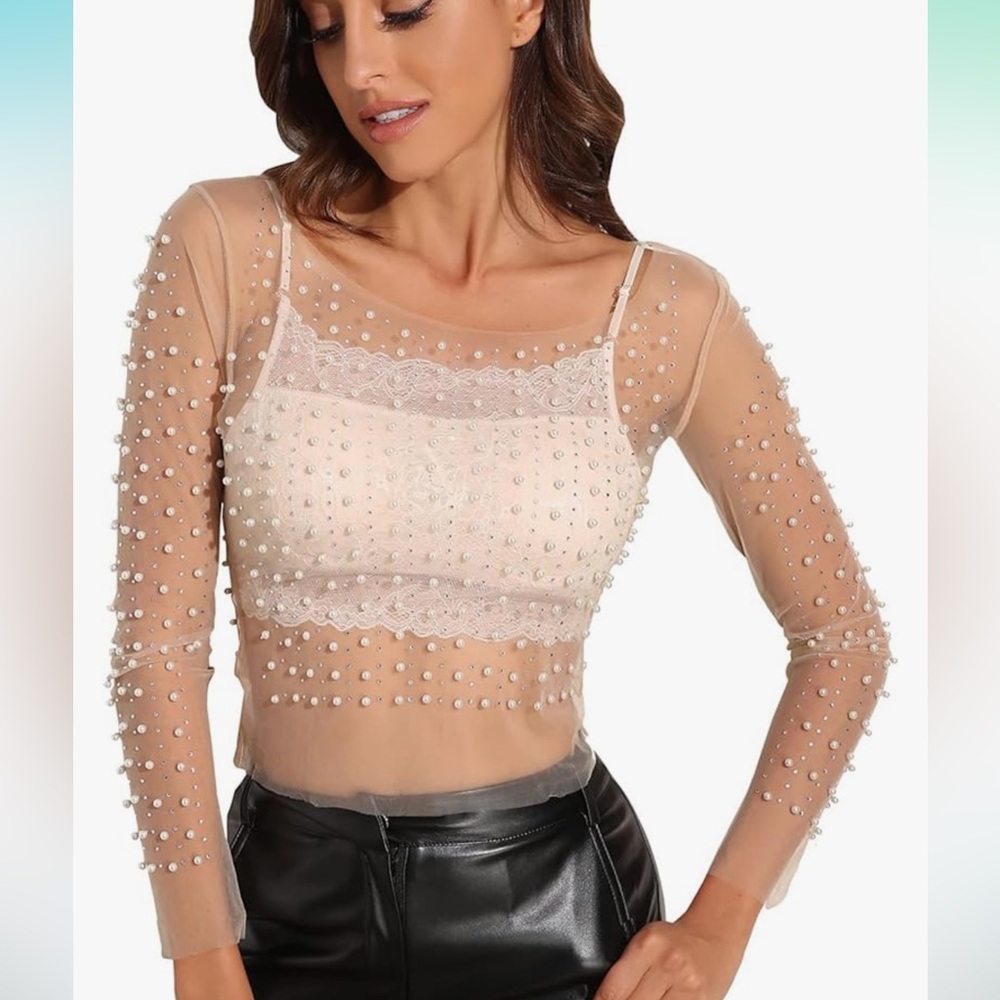 Women's Pearl Rhinestone See Through Long Sleeve Mesh Crop Top